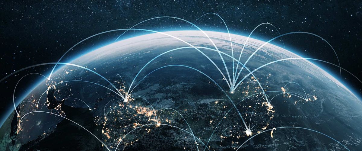 An image of earth with graphics moving from certain locations indicating the movement of capital