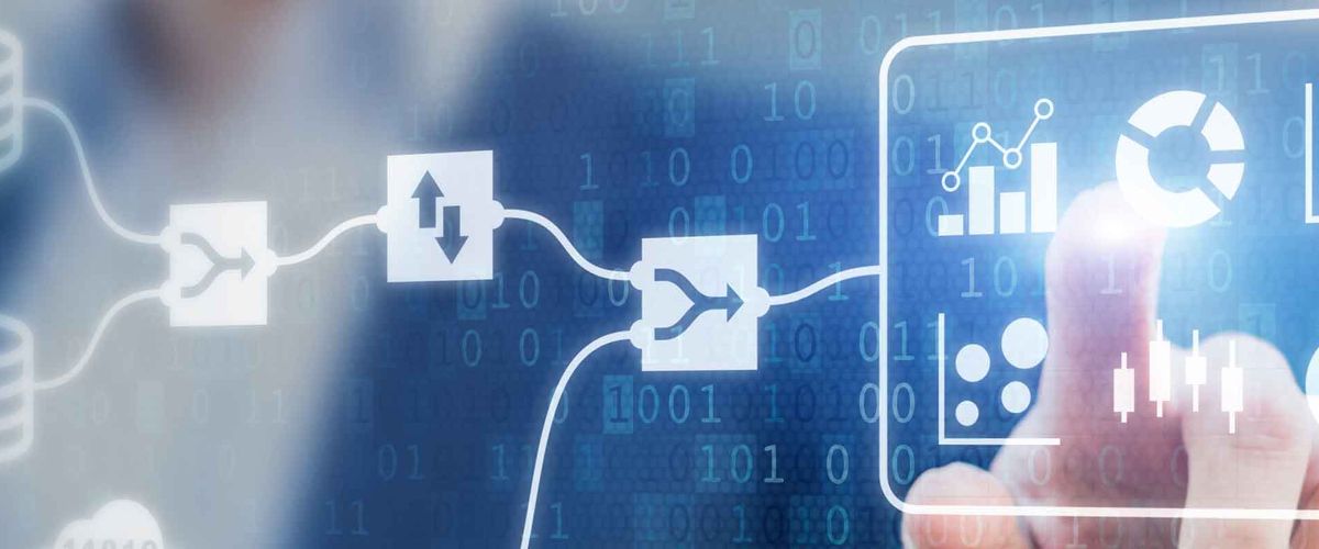 A man touching a superimposed graphic of an icon amidst several icons.