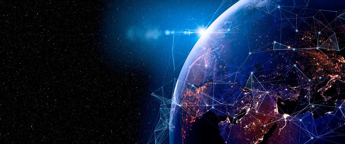Digital illustration of the world viewed from space, overlayed with connecting dots and lines