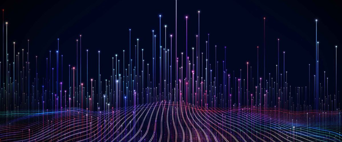 A three dimensional digital graphic showing points of data as small glowing dots on top of various chart peaks