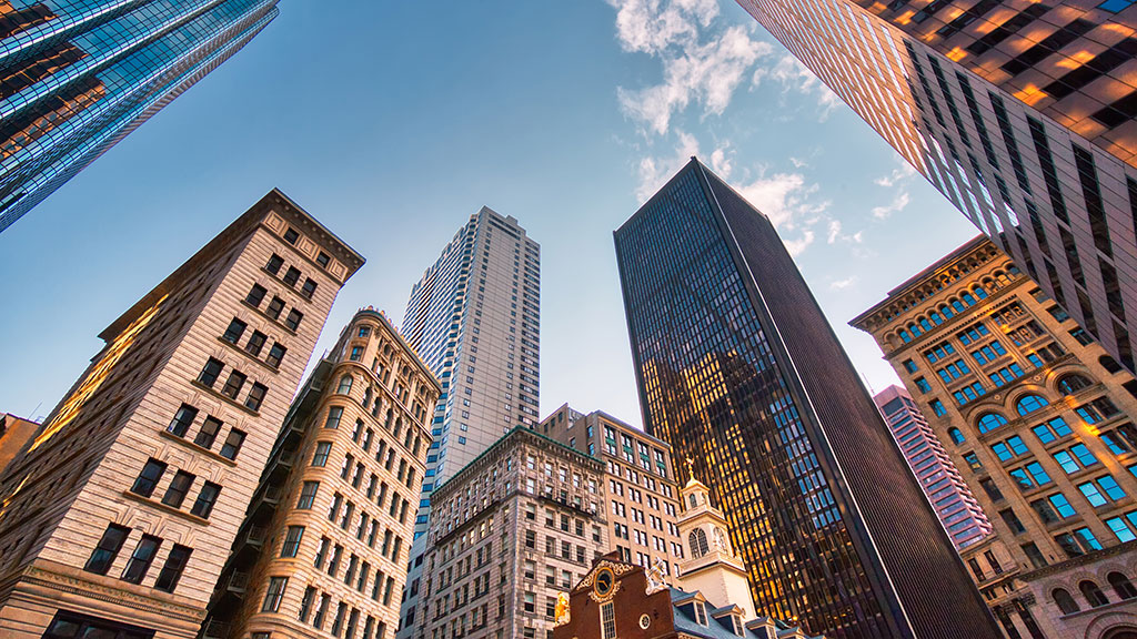A view of Boston's Financial District from street level