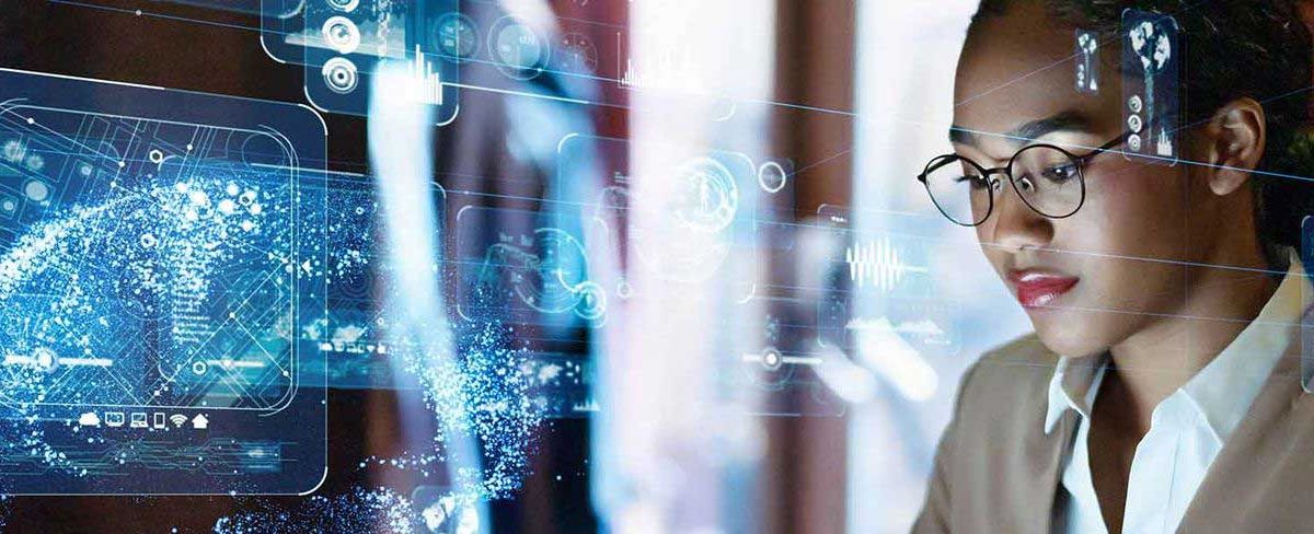 A person working on a laptop, overlayed with illustrations of digital interfaces