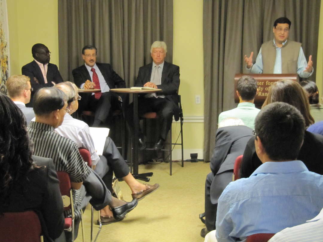 globalgovernance090910 Amb. Lumumba, Adnan Amin, Mark Halle and Adil Najam speak to a packed audience