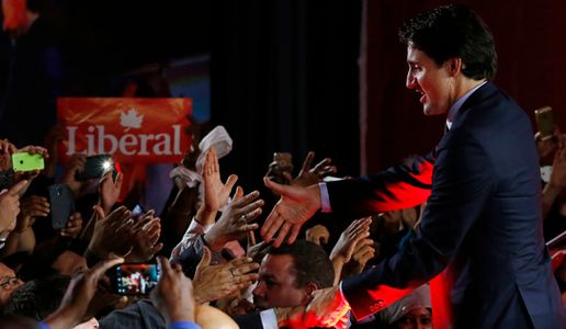Liberal Party leader Justin Trudeau greets supporters after giving his victory speech after Canada's federal election in Montreal