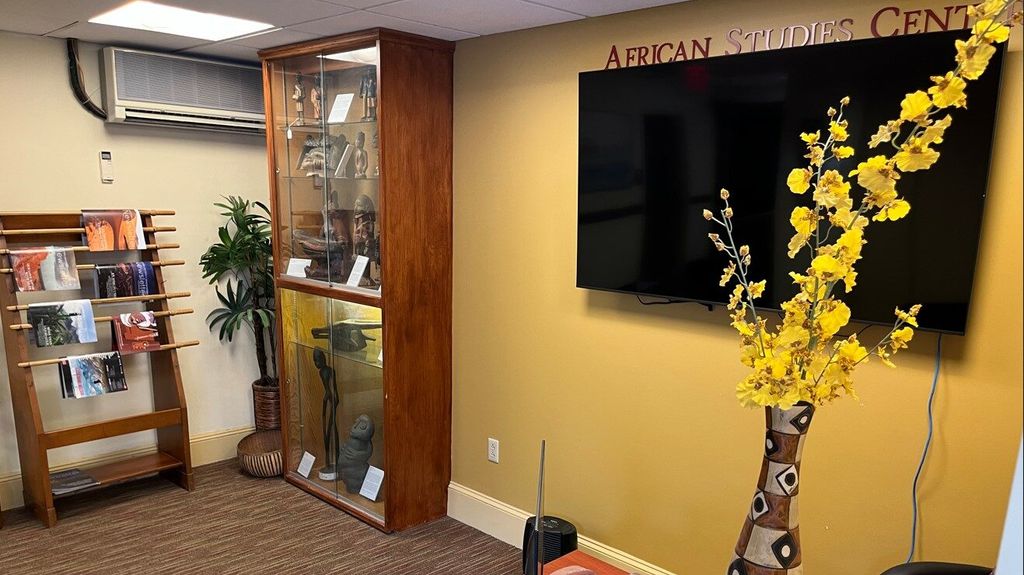 Various artifacts on display in the lobby of Boston University's African Studies Center. 