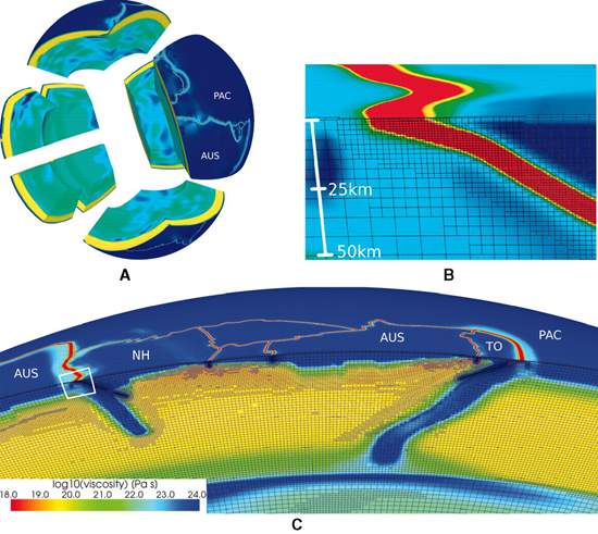 mantle Figure 1 of "The Dynamics of Plate Tectonics and Mantel Flow: From Local to Global Scales", Stadler, Gurnis, Burstedde, Wilcox, Alisic and Ghattas. Science, Vol. 329, pp.1033-1038 (27 Aug. 2010)