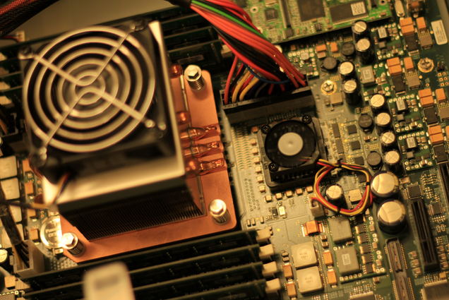 A photograph of a motherboard in a server.