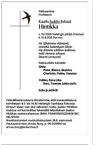 Jaakko Hintikka memorial announcement flier