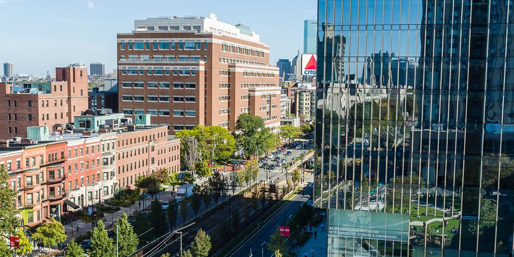 An aerial view of the Kilachand Center and BU campus from Commonwealth Ave.