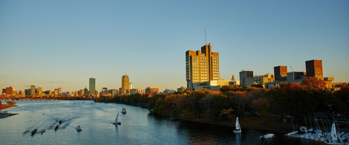 Sailboats glide down the Charles river at sunset in front of the Boston skyline.