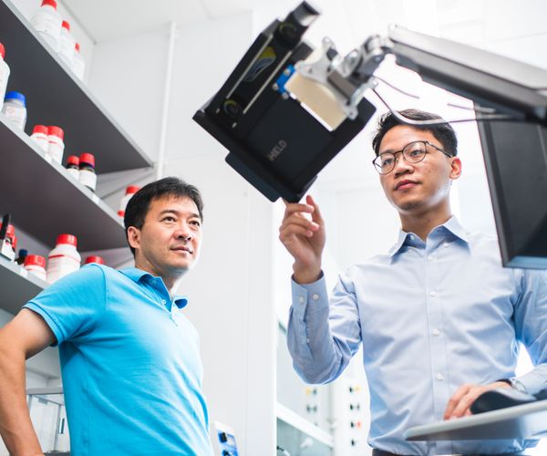 Student and his faculty mentor collaborate in a university lab.