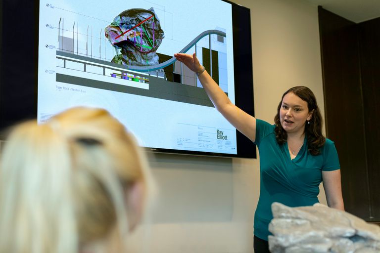 Woman in a blue shirt gesturing to a graph on display on a projection screen
