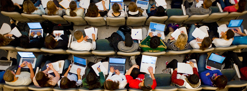 Overhead image of students in a lecture hall