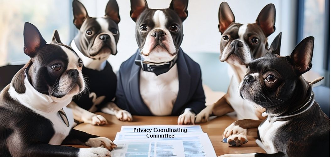 AI Image of Boston Terriers and the text "Privacy Coordinating Committee"