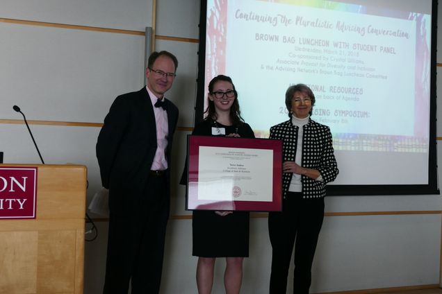 Sean Elliot, Professor of Chemistry (CAS), and Elizabeth Loizeaux, Associate Provost for Undergraduate Affairs, presented Taryn Andrea, Academic Advisor (CAS), with the 2018 Boston University Undergraduate Academic Advising Award (Professional Advisor Category) at the 5th Annual Academic Advising Symposium, on February 9, 2018.