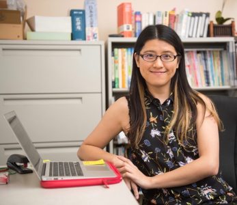 World Languages & Literatures Professor Amber Navarre, of the College of Arts & Sciences, is winner of the 2017 Gerald and Deanne Gitner Family Award for Innovation in Teaching with Technology. (Photo by Cydney Scott for Boston University Photography)