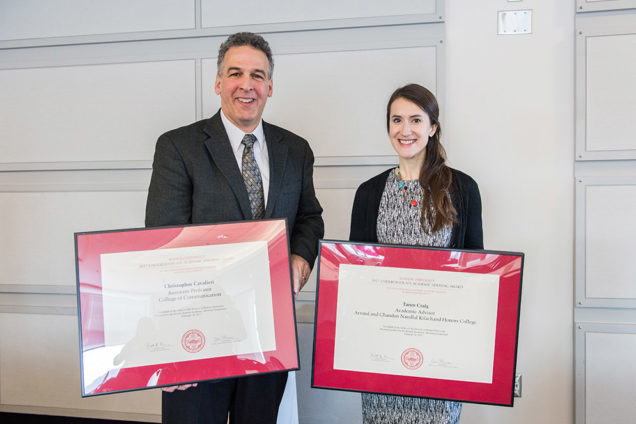 Taryn Craig, a Kilachand Honors College academic advisor, and Christophor Cavalieri, a COM assistant professor of television, this year’s Undergraduate Academic Advising Award winners, were honored for their mentoring of students. Photo by Jackie Ricciardi