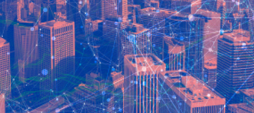 cityscape overlaid with digital graphics