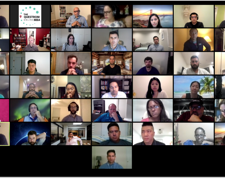 Multiple students appear in a grid on a screen during an online class.