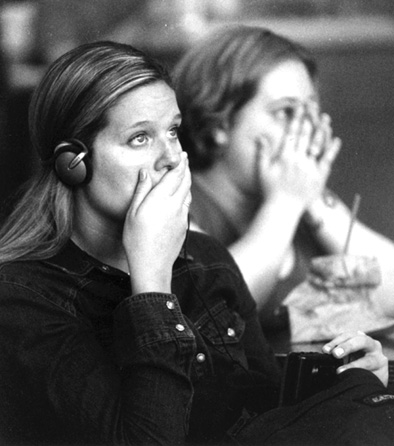 BU students at the GSU Union Court react to the collapse of the second World Trade Center tower on the morning of September 11.