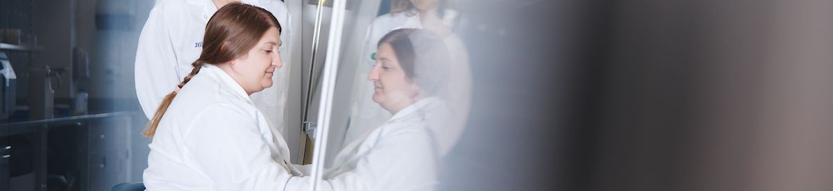 Two people work at a biosafety cabinet