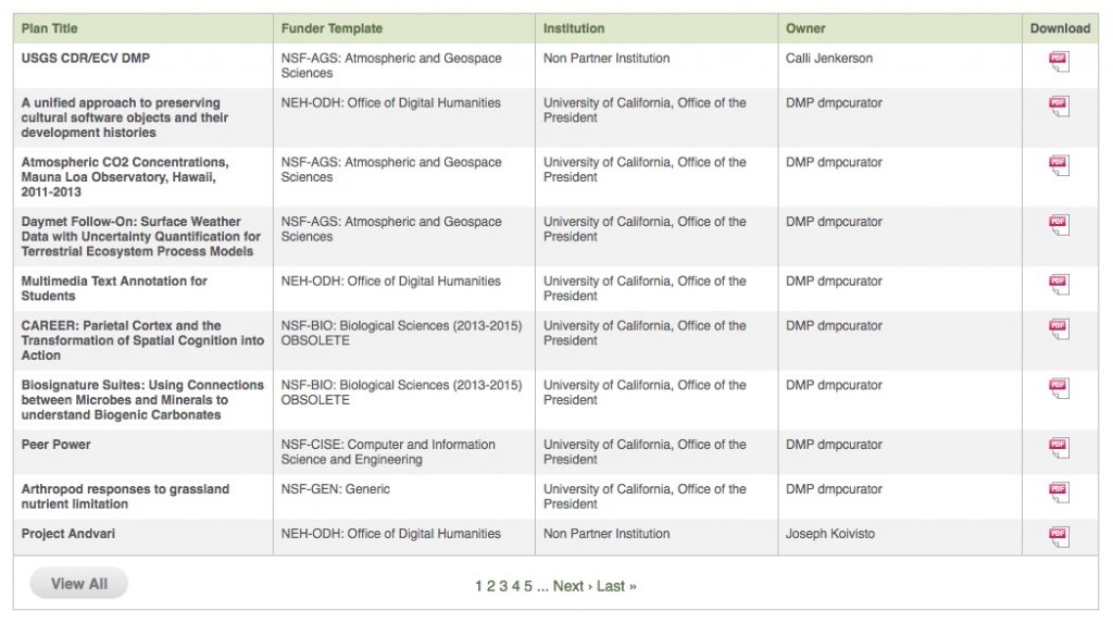 A screenshot of the DMPTool library of publicly, published data management plans from diverse fields of study.