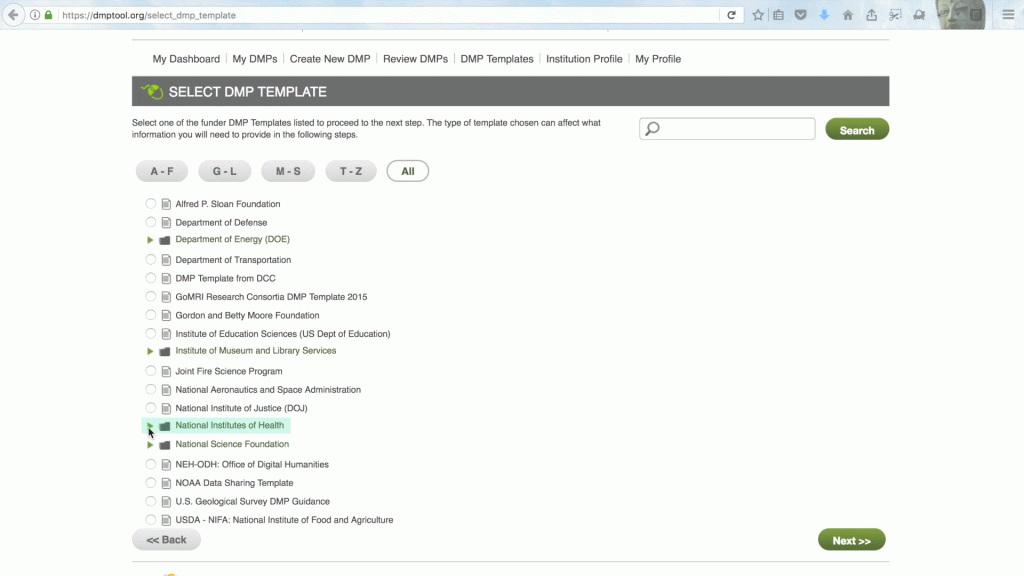 The short animation shows a compuer screen where a user clicks open a category of templates and selects the template relevant to their DMP.