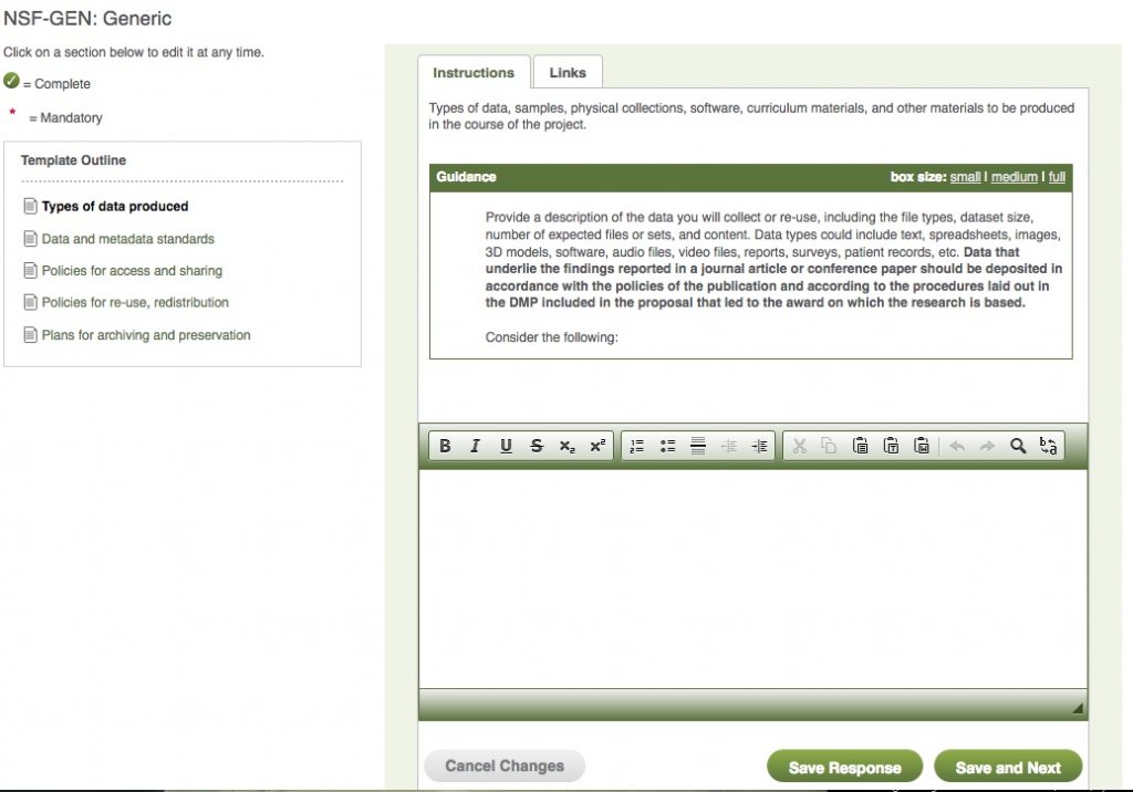 This image shows a screenshot of the DMPTool website with the Template outline and guidance.