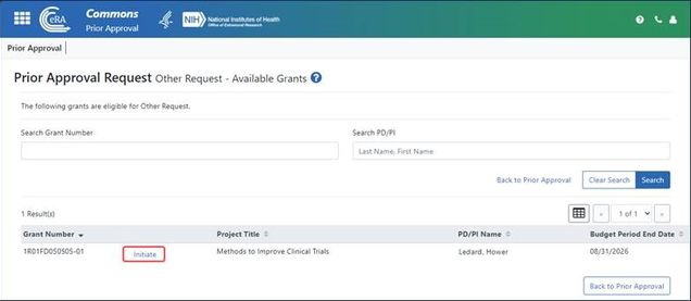 Click Initiate on the eligible award to initiate an Other Request type in Prior Approval 