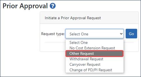 Finding eligible grants for Other Request type in Prior Approval A table lists eligible awards. 