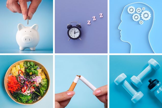 Stock photo of biggie bank, alarm clock, gears in brain, salad, cigarettes, and exercise weights