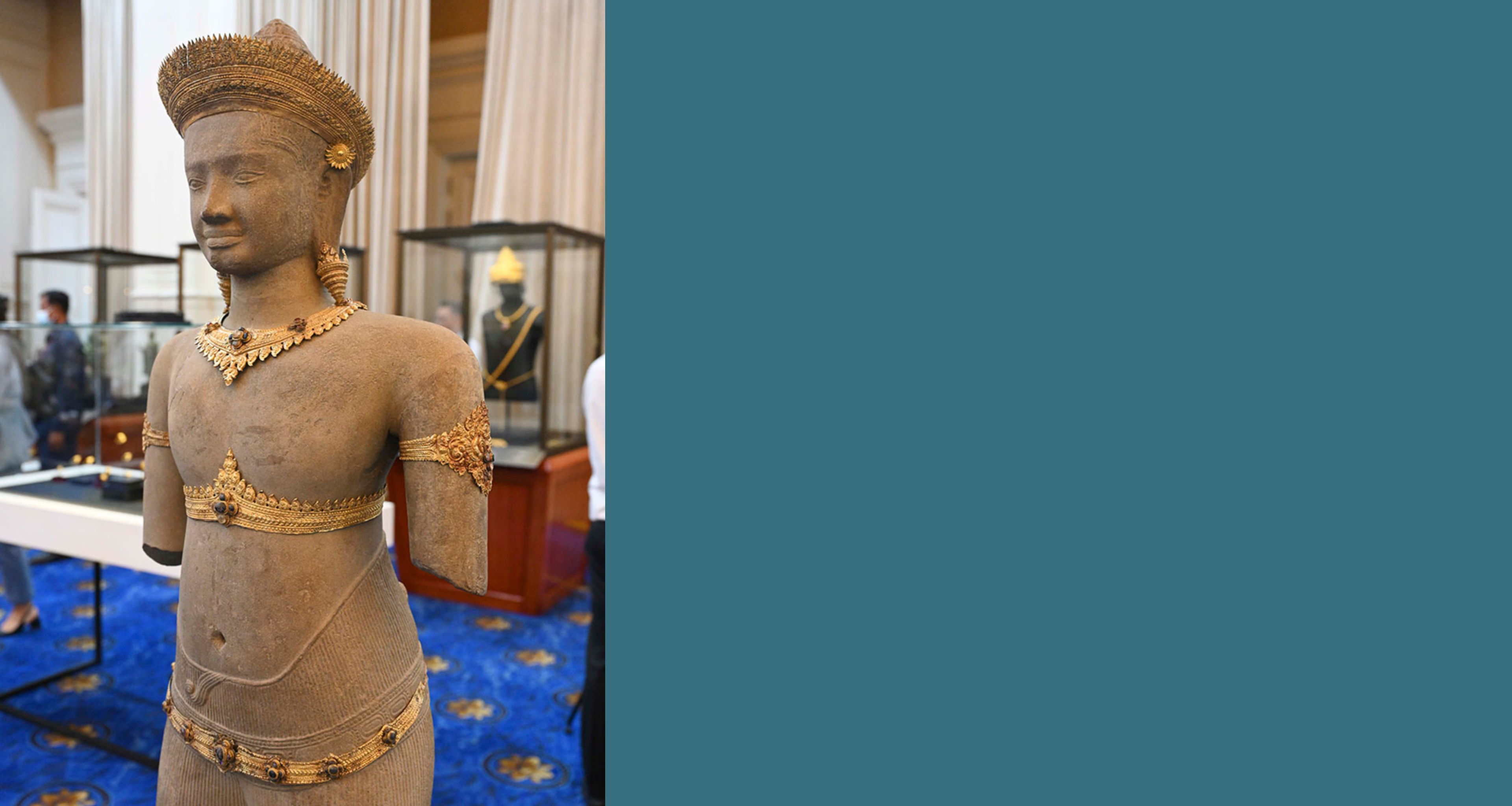 A centuries-old looted sandstone statue, repatriated to Cambodia in 2023.