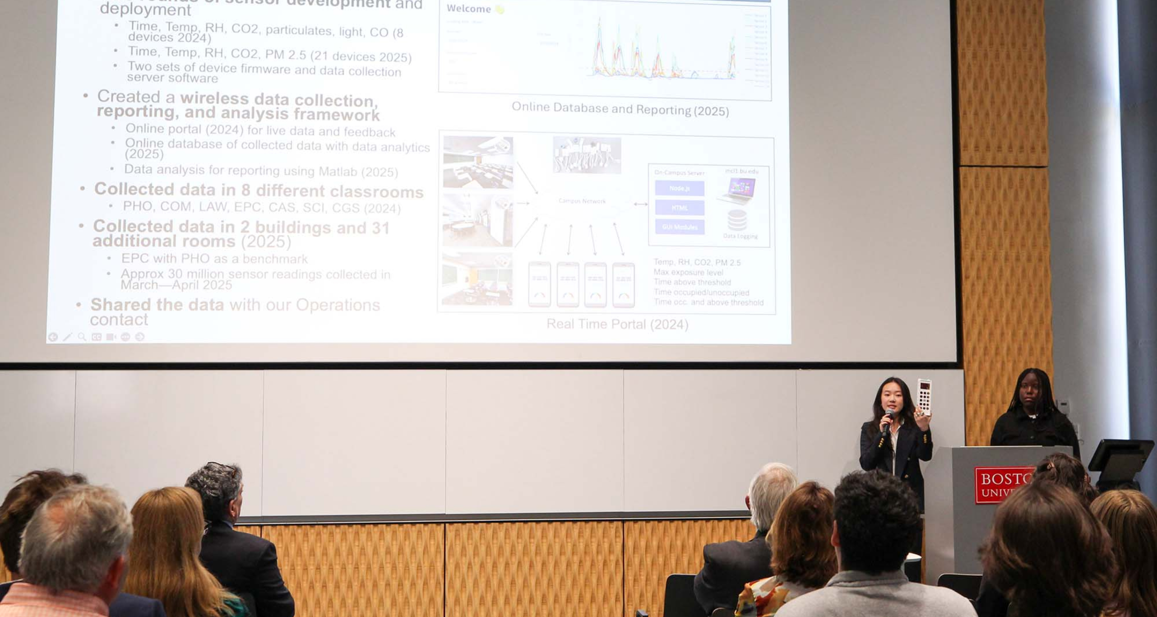 Celine Chen and Primah Muwanga present their research on BU building air quality