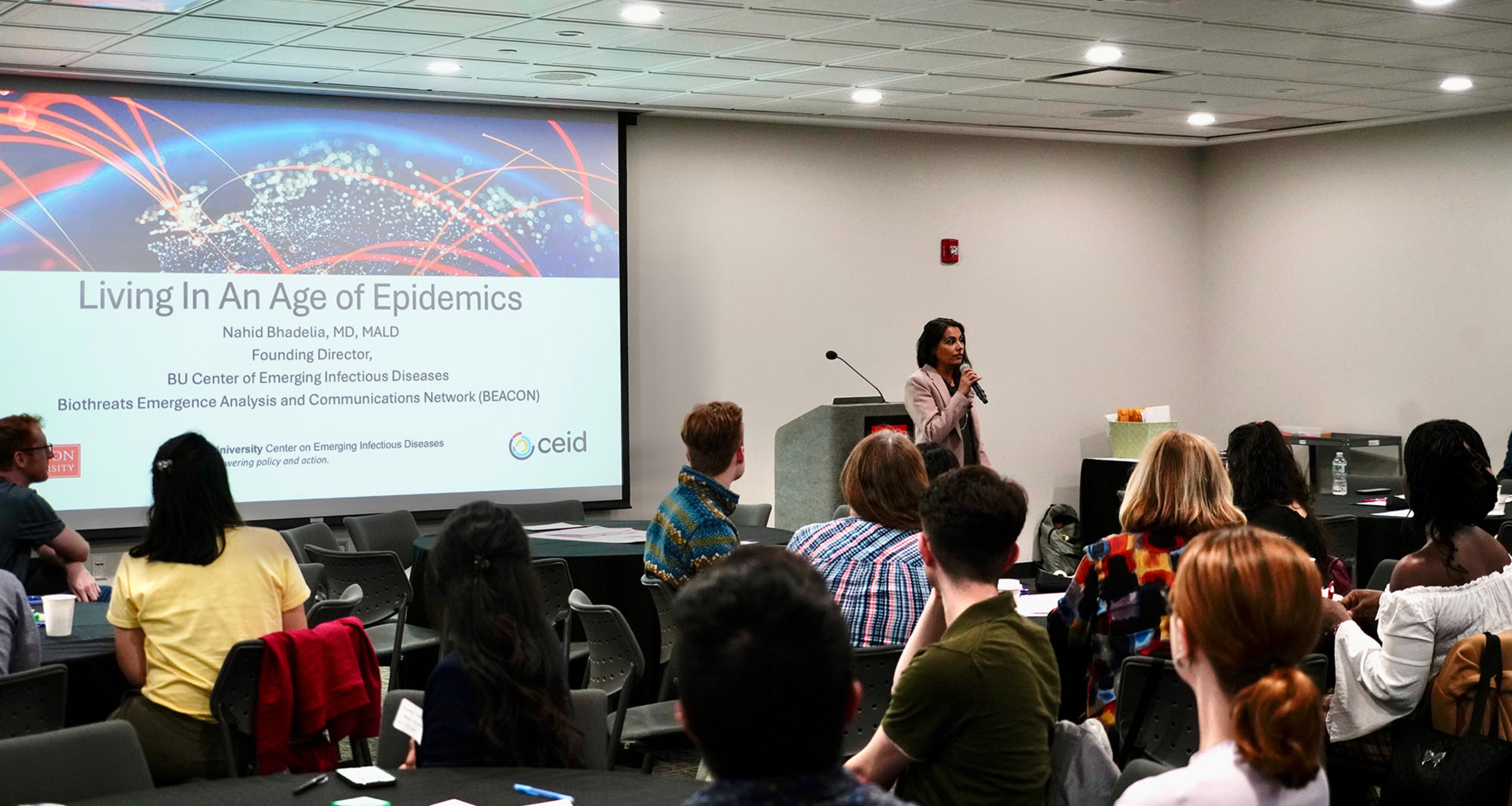 BU infectious diseases researcher and physician Nahid Bhadelia leads the Outbreak: Epidemics in a Connected World event.