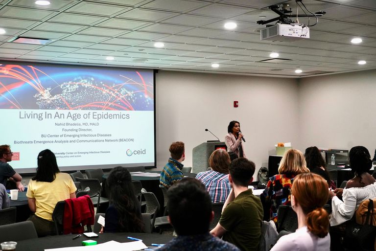 BU infectious diseases researcher and physician Nahid Bhadelia leads the Outbreak: Epidemics in a Connected World event.