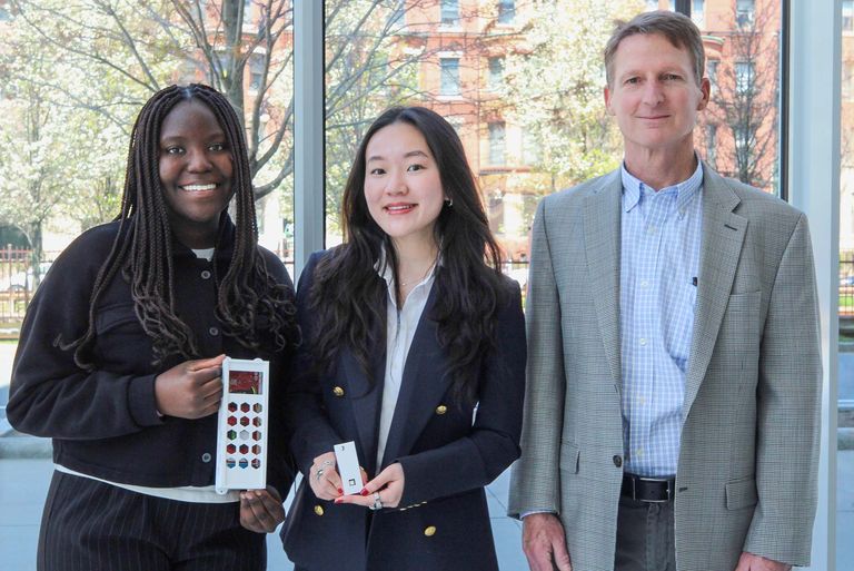 Janetos Climate Action Prize winners Primah Muwanga and Celine Chen with faculty advisor Thomas Little