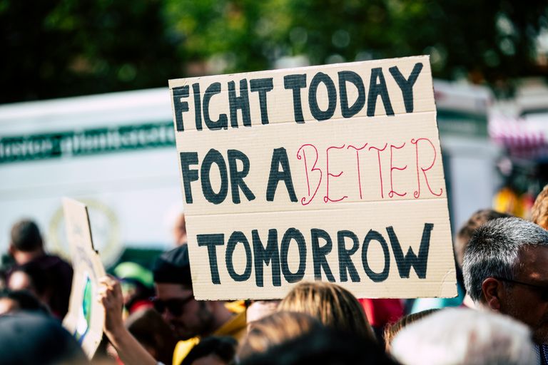 Sign from the 2019 Global Climate Strike that says "Fight Today for a Better Tomorrow"
