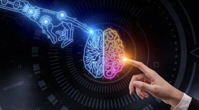 A human hand and an AI hand touch a brain in a recreation of Michaelangelo's The Creation of Adam