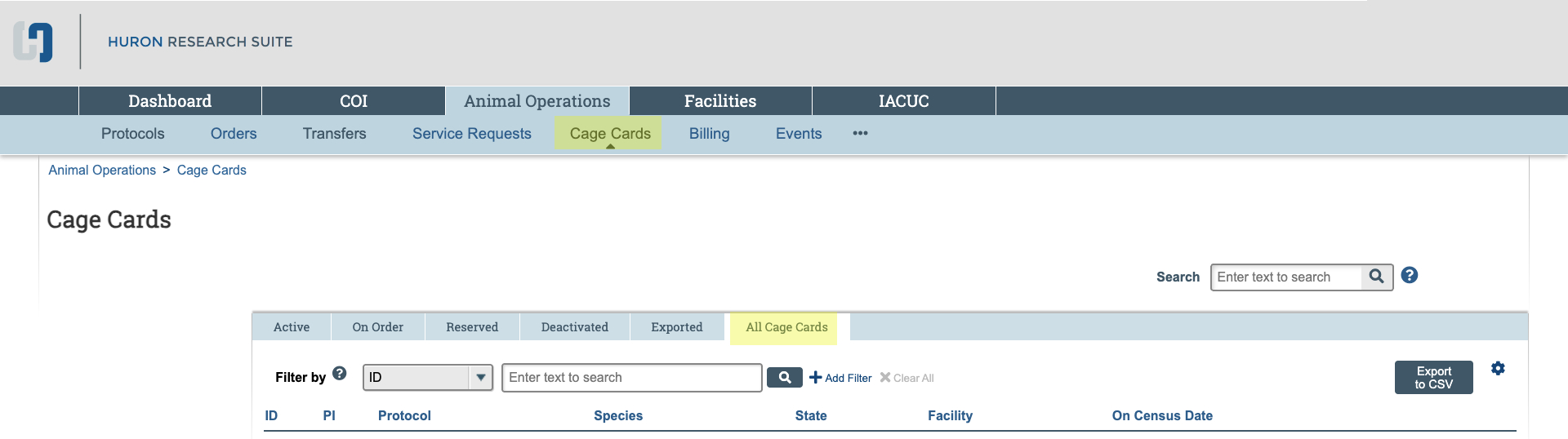 Screenshot of Cage Cards menu in Huron AOps