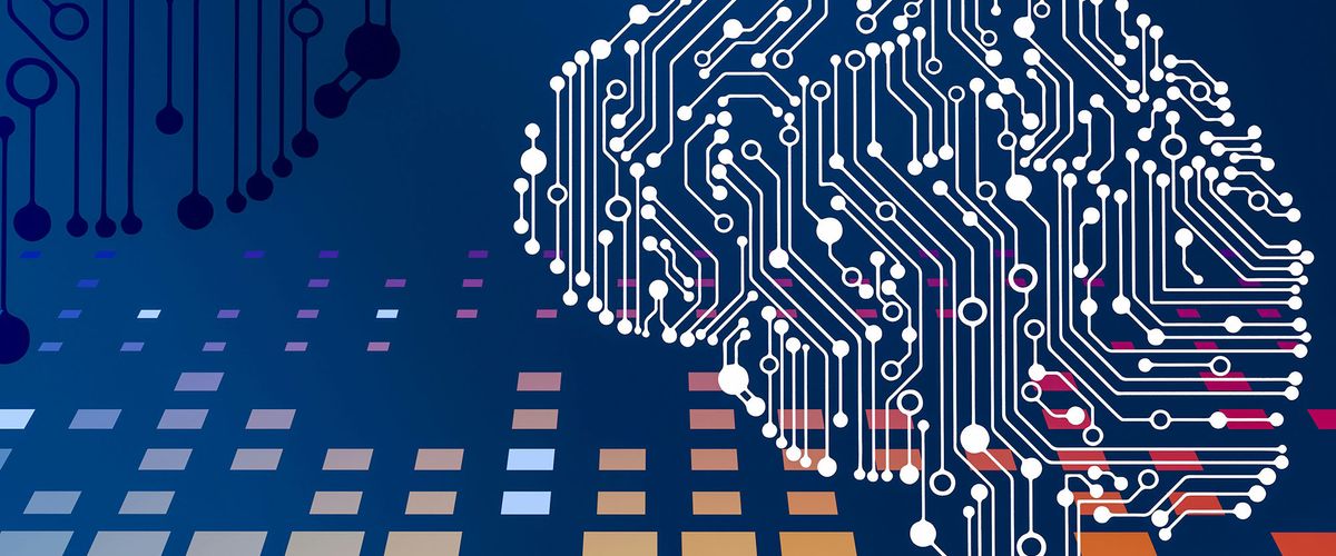Illustration of circuits shaped like a brain on a stylized circuit board
