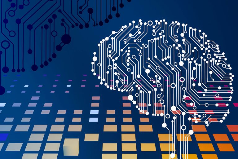 Illustration of circuits shaped like a brain on a stylized circuit board