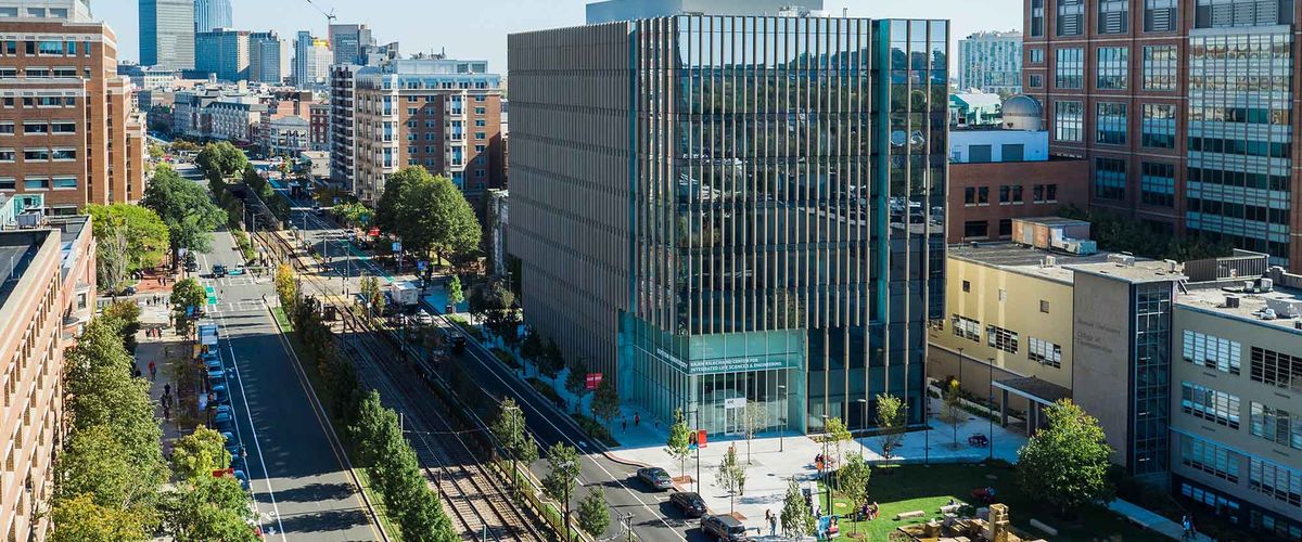 Aerial view of BU campus and Kilachand center