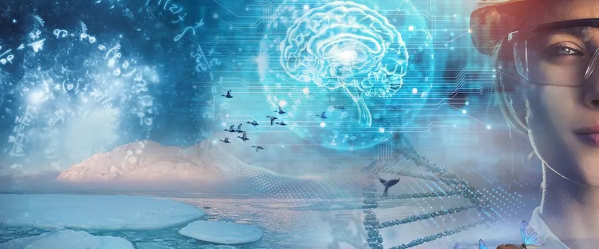 Image representing AI with blue swirls and a woman with a hardhat