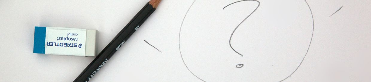 Black pencil on white paper next to eraser and a drawing of a light bulb with a question mark in it