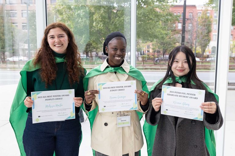 Student winners of 2025 IGS Sustainability Research Awards Melissa Martin, Niouma Semega and Weimin Zhang