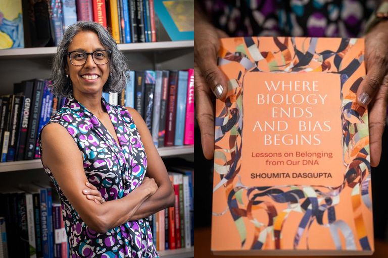 BU biomedical geneticist Shoumita. Dasgupta next to her book "Where Biology Ends and Bias Begins"