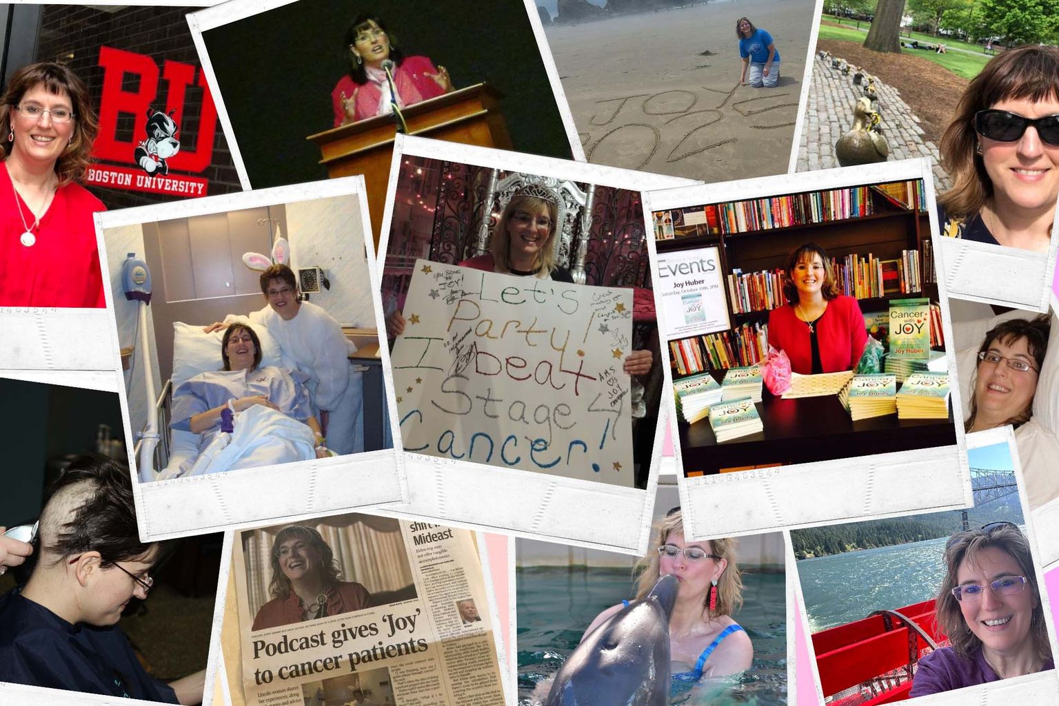 Collage of Polaroid pictures of BU alum and cancer survivor Joy Huber