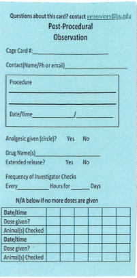 Example of front of blue post-surgical cage card