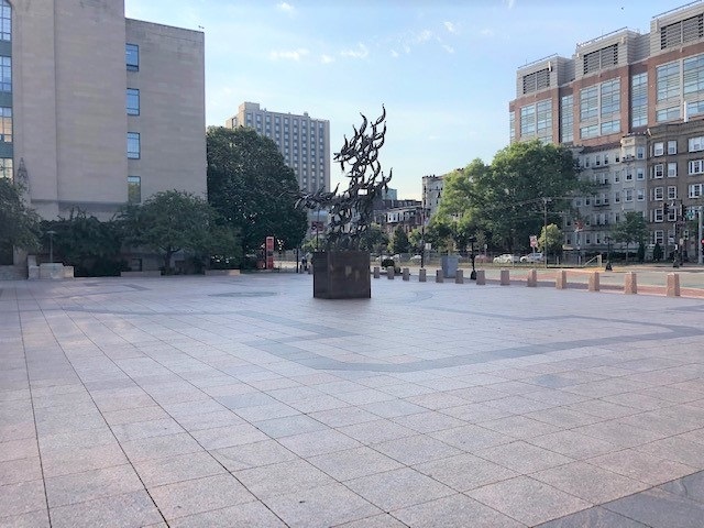 View of plaza in front of Marsh Chapel with the "Free at Last" sculpture in the center