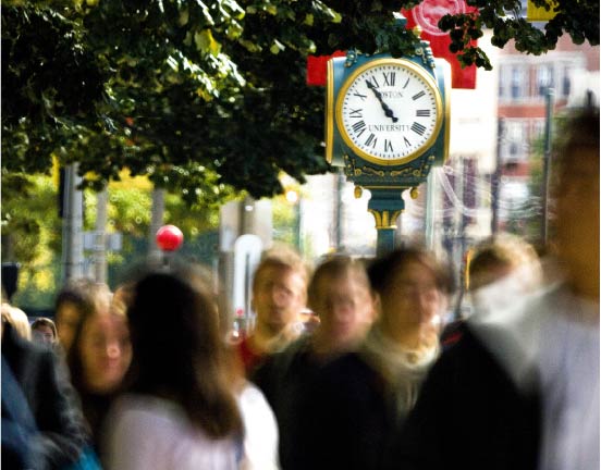 Photo of BU clock and students